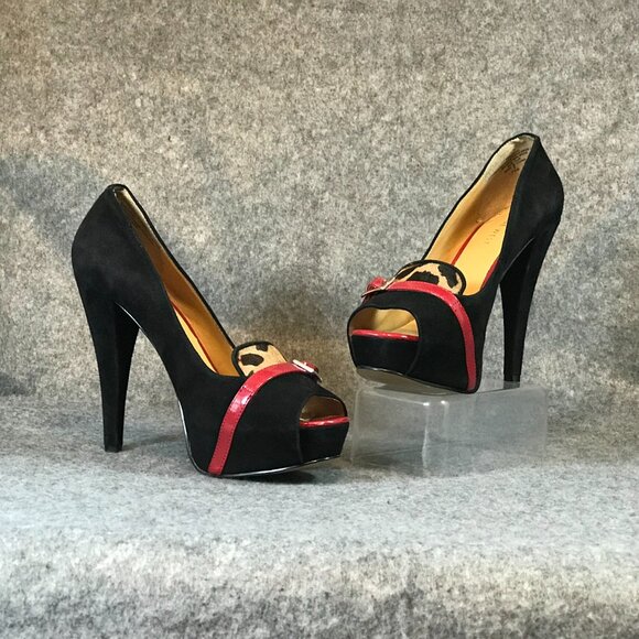Nine West Women's Black Leather Front Red Strap Leopard Open Toe Heel Shoes - Picture 4 of 12